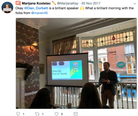 A picture of a tweet of Cian Corbett Speaking at Mayven 46's "Grow Your Brand in the Digital Age" Event